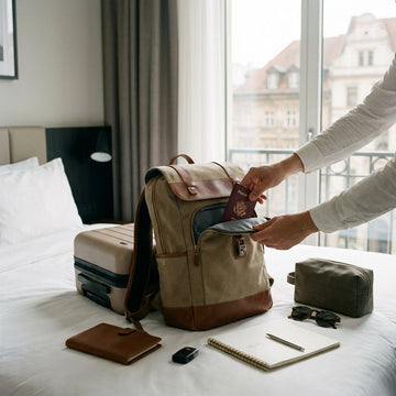 Reiziger legt een paspoort in een afsluitbaar vak van een nette backpack op een hotelbed, met koffer en reisbenodigdheden ernaast.