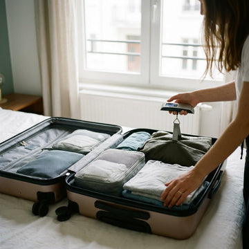 Reiziger weegt een compacte koffer thuis op een digitale bagageweegschaal, met georganiseerde kleding en packing cubes klaar voor vertrek.