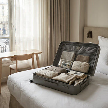 Middelgrote lichtgewicht harde koffer staat open op een hotelbed met netjes ingepakte kleding en reisaccessoires, klaar voor een Europese vliegreis.