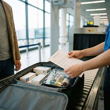 Reiziger op een Europese luchthaven toont medicijnen in originele verpakking en reisdocumenten naast open handbagage bij de securitycheck.