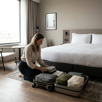 Open koffer op een hotelbed met nette packing cubes in verschillende maten, terwijl een reiziger kleding ordent in zacht daglicht.