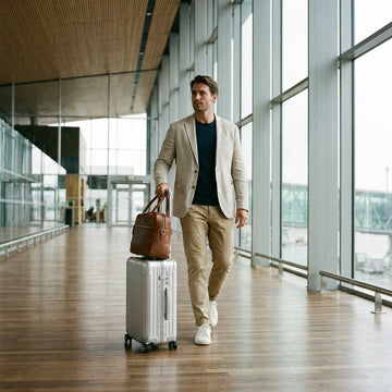 Reiziger loopt door een lichte Europese luchthaven met een compacte tas stevig op de trekstang van een harde koffer.