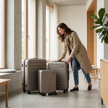 Drie moderne harde koffers in verschillende maten staan in een lichte Europese hal, klaar voor een weekendtrip of langere vakantie.