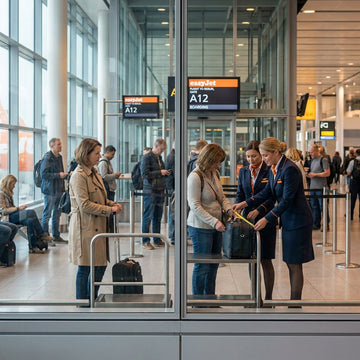Reiziger staat bij de gate met een kleine handbagagetas naast een easyJet-instapzone, terwijl cabinebagagecontrole op een Europese luchthaven plaatsvindt.