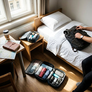 Open backpack on a tidy hostel bed with neatly filled packing cubes, folded clothes and travel essentials arranged for quick access.